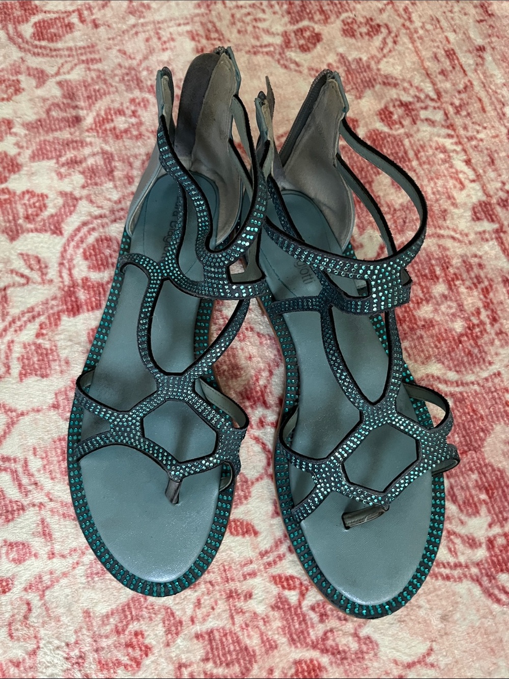 Laura Biagiotti turquoise teal blue rhinestone size 36, 7 Strappy Flat Sandals